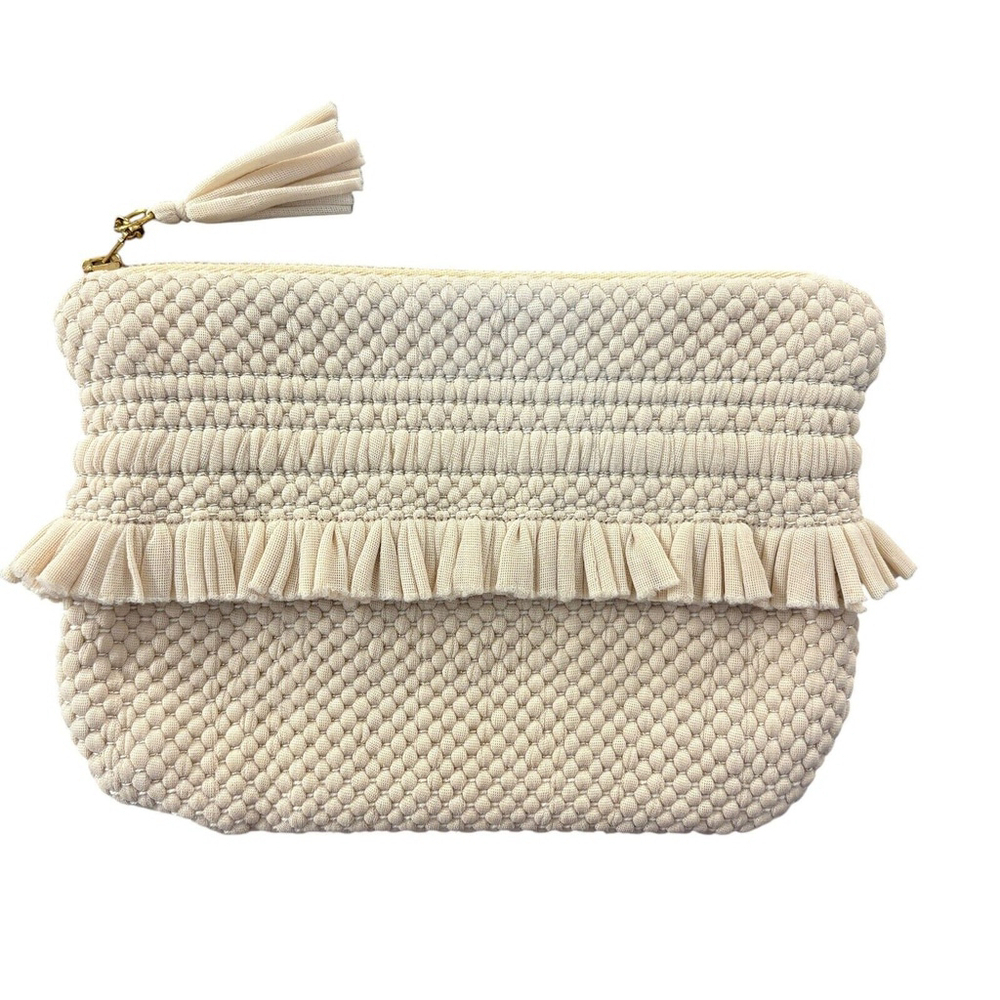 VTG 1960s Hand Loomed Clutch Pouch Ivory Fringe Metallic Thread Boho